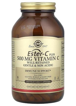 Вітамін с плюс, ester-c, plus vitamin c, solgar, 500 мг, 250 рослинних капсул