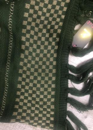 Зеленый  темный шерстяной палантин шарф большой золотой6 фото