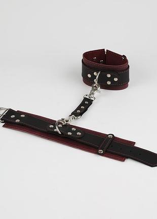 Кожаные наручники бордовые с чёрным (hc-7)