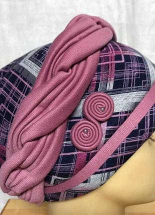 Жіноча шапка-тюрбан чалма демісезонна кольоровий сірий із рожевим