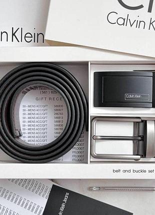 Мужской кожаный ремень с двумя пряжками calvin klein универсальный из натуральной кожи в подарочной упаковке