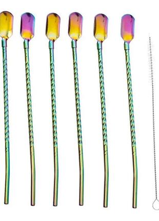 Набор многоразовых ложек-трубочек 6 шт для напитков 22 см с щеткой для мытья из нержавеющей стали хамелеон hp-20-21