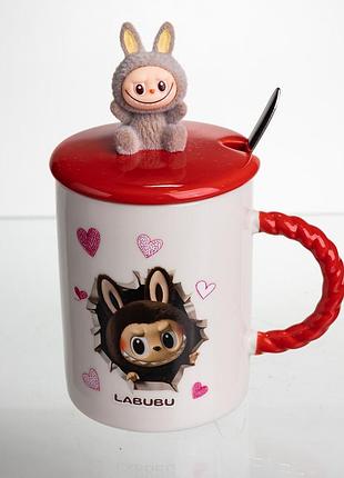 Кубок порцелянова з кришкою і ложкою labubu 400 (мл) подарункова кружка прикольна чашка для дітей на подарунок червоний fm-35d