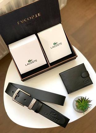 Мужской кожаный ремень и кошелек lacoste оригинальный подарочный набор в деревянной коробочке