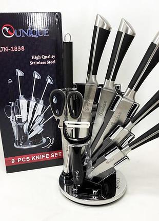 Набор кухонных ножей с ножницами и подставкой unique un-1838, поварской нож нержавеющая сталь