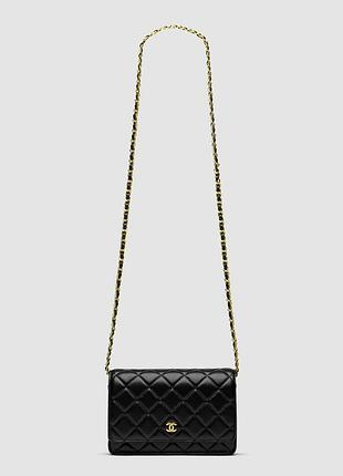 Сумка жіноча chanel classic wallet on chain black/gold 19 х 12 х 5 натуральна шкіра чорна трендова