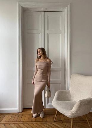 Сукня максі довга жіноча рубчик базова тепла із відкритими плечима довгі рукава із розрізом ззаду облягаюча ангора бежева чорна шоколад молочна