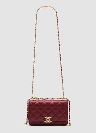 Сумка жіноча chanel calfskin quilted perfect fit wallet on chain burgundy/gold 19 х 12 х 5 натуральна шкіра бордова трендова