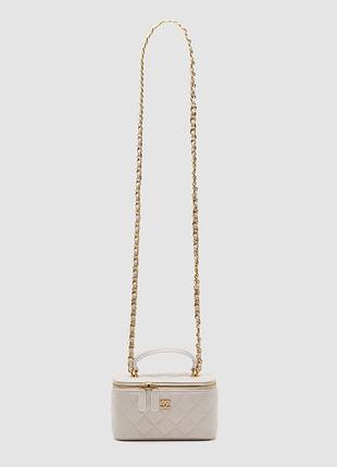 Сумка жіноча chanel classic beige lambskin pearl crush vanity bag (с ручкой) 17 х 11 х 8 натуральна шкіра бежева трендова