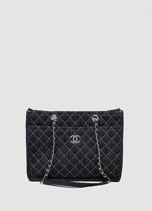 Сумка жіноча chanel denim tote bag with wild stitch quilting 33 х 25 х 12 джинс чорна трендова
