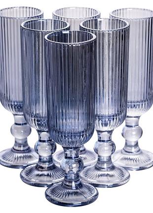 Бокал для шампанского фигурный прозрачный ребристый из толстого стекла набор 6 шт голубой hp7116bl