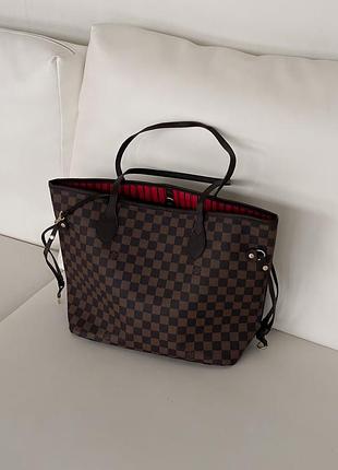 Сумка шоппер lv louis vuitton neverfull люкс коричневий шахмати є
