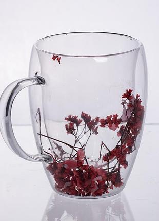 Чашки скляна з подвійними стінками з декором червоних сухоцвітів 350 мл 64486-41