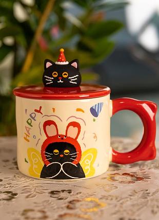 Чашка фарфоровая с крышкой kitten's birthday 400 (мл) подарочная кружка прикольная чашка для детей на подарок красный fm-24d