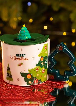 Новорічна порцелянова чашка «святкова ялинка» з кришкою 400 мл yiwu fm-cs-18b