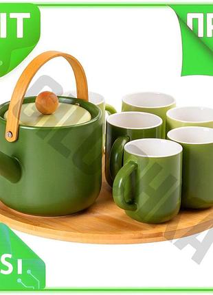 Ve чайный сервиз на 6 new version персон с бамбуковой подставкой зеленый керамический набор для чая и n6w_ver