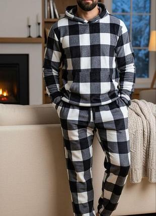 Теплая плюшевая мужская пижама в клетку из худи с капюшоном с карманом кенгуру с брюками