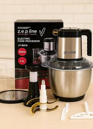 Измельчитель кухонный zepline zp-00219 комплект с 2 чашами стекло и металлическая 3.2 л чоппер 3000 вт