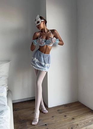 Ніжний блакитний комплект із мереживними деталями бюст +трусики+ спідничка + панчохи розміри s, m, l l