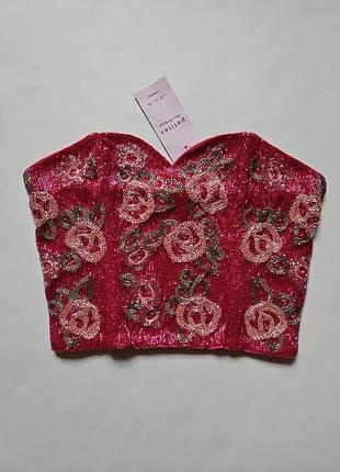 Новий з біркою топ з бісеру, жіночий топ вишитий бісером, топ в квітковий принт, новорічний корсет топ бісер