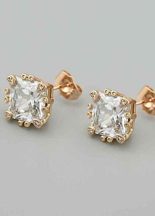 Сережки пусети адель 55017 13х13мм білі фіаніти вага 6.3г позолота 18к тм xuping