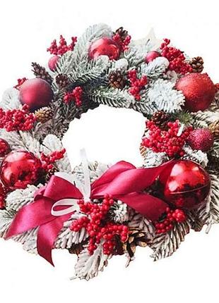 Вінок новорічний литий засніжений, калинаіграшки, червоний 9244701 тм україна