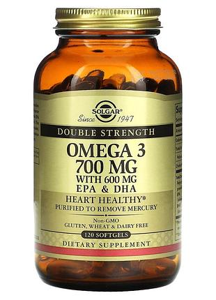 Омега-3, рыбий жир, omega-3, epa & dha, solgar, двойная сила, 700 мг, 120 гелевых капсул