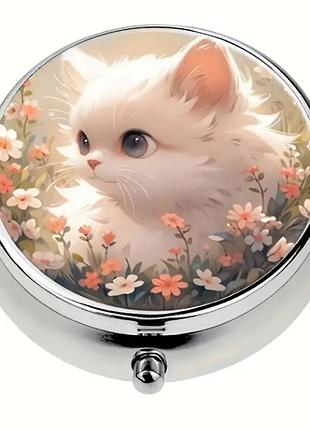 Металлическая коробочка для таблеток на три секции «котенок» (круглая) арт. 06649