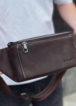 Сумка-бананка из кожи 24х11х8, мужской мел для гаджетов на пояс ch-7371 коричневая