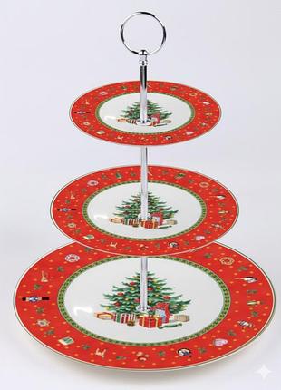 Етажерка порцелянова для фруктів триярусна christmas 34 см hp-sdhk-8