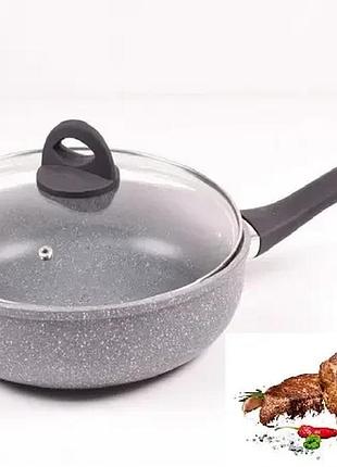 Сковорода алюминиевая benson bn-493 с крышкой 28см мраморное покрытие