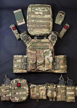 Комплект плитоноска быстрого сброса с боковыми карманами и рпс + рюкзак и 11 подсумоков ve-33