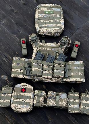 Плитоноска быстрого сброса с боковыми карманами + 12 подсумоков военная ткань. ve-33