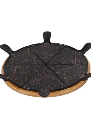 Тарелка для пиццы 28 см фарфоровая с бамбуковой вращающейся подставкой, секционная черная hp1247