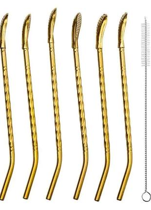 Набір багаторазових ложок-трубочок 6 шт для напоїв 19.5 см зі щіткою для миття з нержавіючої сталі бронзовий hp-20-55