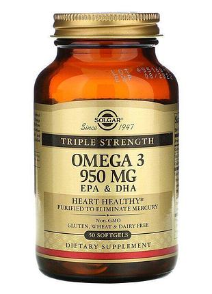 Омега-3, рыбий жир, omega-3, epa & dha, solgar, тройная сила, 950 мг, 50 гелевых капсул