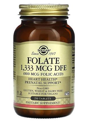 Фолат, folate, solgar, фолиевая кислота, 1,333 мкг dfe (800 мкг), 250 таблеток