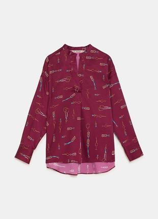 Блуза свободная рубашка бордовая с принтом цепи ремешки zara3 фото
