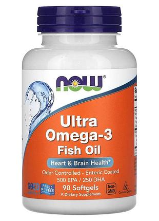 Супер омега 3, ultra omega-3, now foods, 500 epa/250 dha, 90 капсул с кишечнорастворимой оболочкой