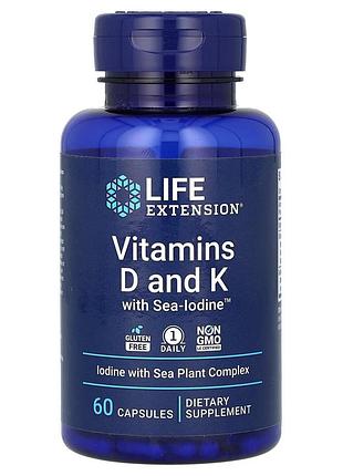 Витамин d и к с йодом, vitamins d and k with sea-iodine, life extension, 60 капсул