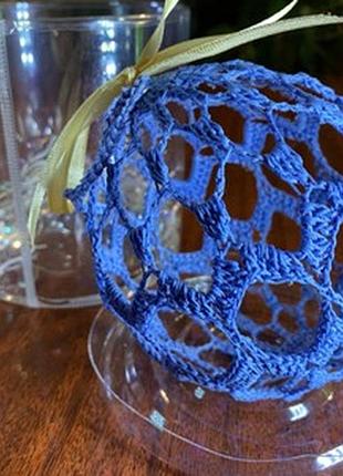 Шар новогодний елочный вязаный крючком d10см синий украшение knz