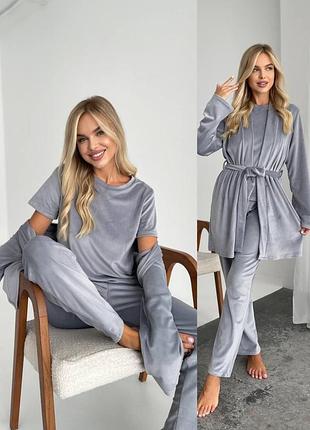 Жіноча велюрова піжама трійка з халатом