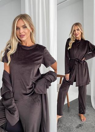 Багато кольорів ❤️‍🔥 жіноча велюрова піжама трійка з халатом