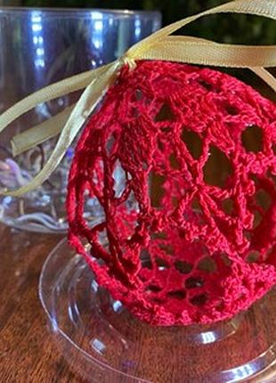 Шар новогодний елочный вязаный крючком d9см красный украшение knz