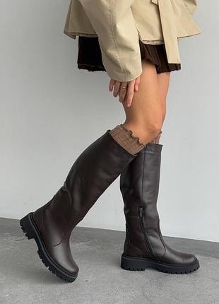 Элегантные женские кожаные коричневые сапоги зимние сапоги теплые на меху натуральная кожа зима