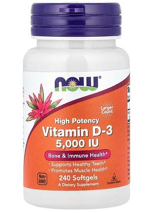 Витамин d-3, vitamin d-3, now foods, высокоэффективный, 125 мкг (5000 ме), 240 гелевых капсул