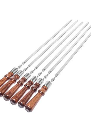 Набор шампуров из пищевой нержавеющей стали 74 см с деревянной лакированной ручкой (толщина 2 мм) 6 штук