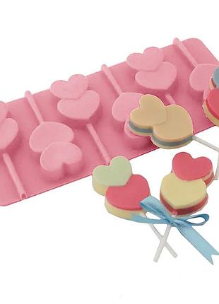 Силиконовая форма для леденцов и конфет на палочке "сердечки" розовый