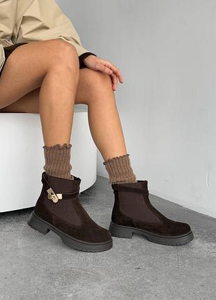 Ботинки женские коричневые замша / замшевые ботинки челси шоколадного цвета зима / зимние ботинки челси шоколад