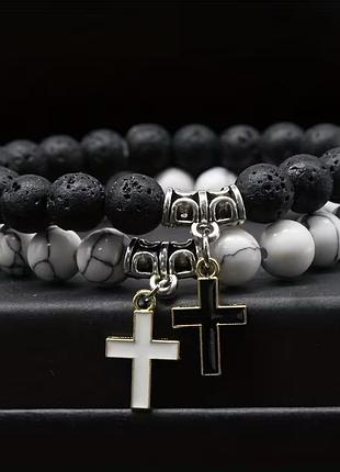 Браслети з намистинами та хрестиком | чорний та білий | парні браслети